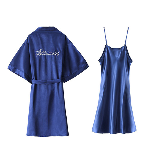 Women's nightgown, spring and summer imitation silk embroidered dressing gown, bride's bridesmaid's dressing gown, wedding nightgown