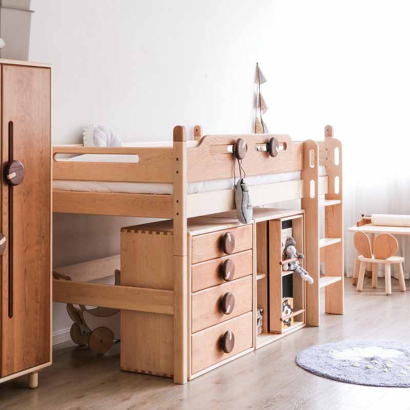 Manufacturer Shipped Single Mid-High Frame Bed High and Low Half-Height Bed with Guardrail House Maple Solid Wood Children's Bed Tree House Bed