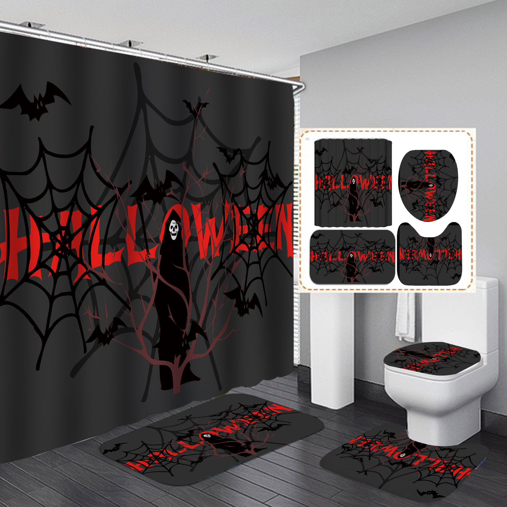 Nuevos productos transfronterizos Halloween HD impresión digital impermeable poliéster baño baño partición cortina de ducha suministro directo de fábrica