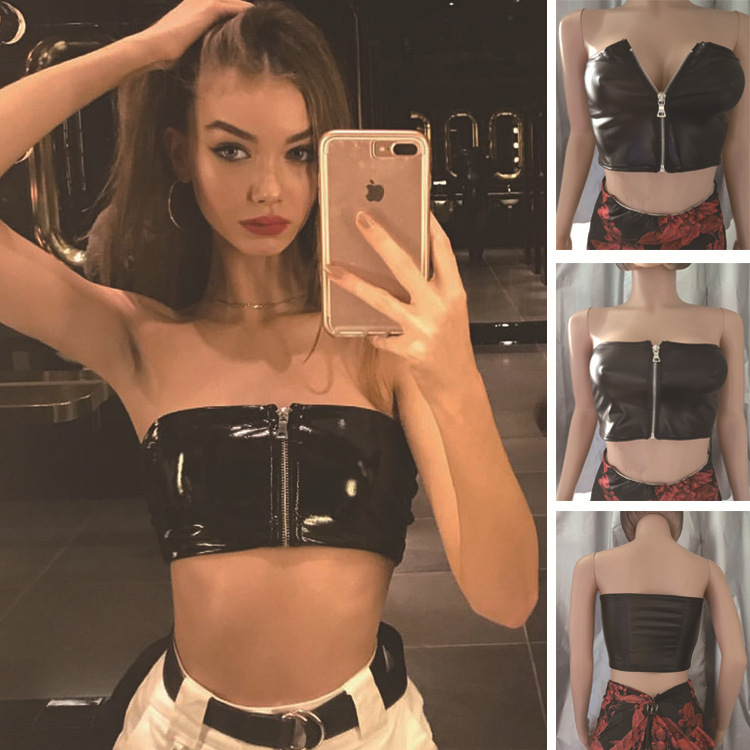 Amazon INS Explosions Bright Leather Zipper Tube Top Sexy Street Stretch Leather Top Nightclub Fashionable Women's Clothing Spot