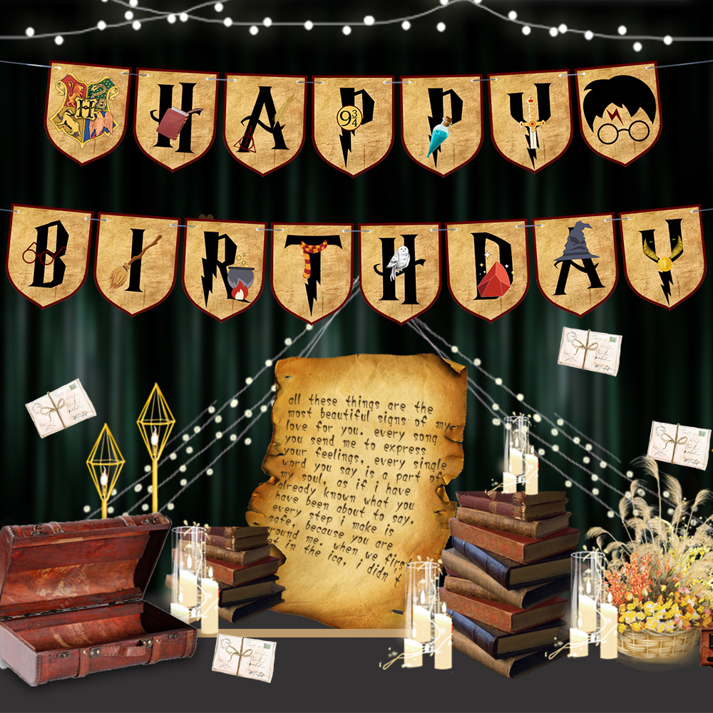 Amazon Magic Wizard Party Banner Harry Potter School of Witchcraft and Wizardry Castle Birthday Arrangement Flag Latte Art