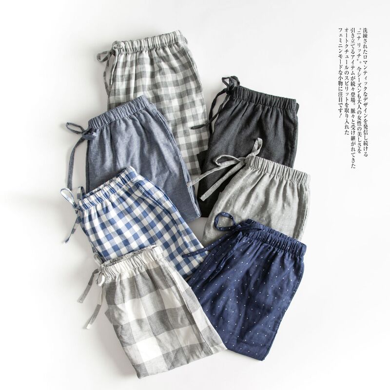 Shangsha Superior Products-Summer Cotton Gauze Pajama Pants Men's Short Muyin Japanese Plaid Beach Pants Large Size Wholesale