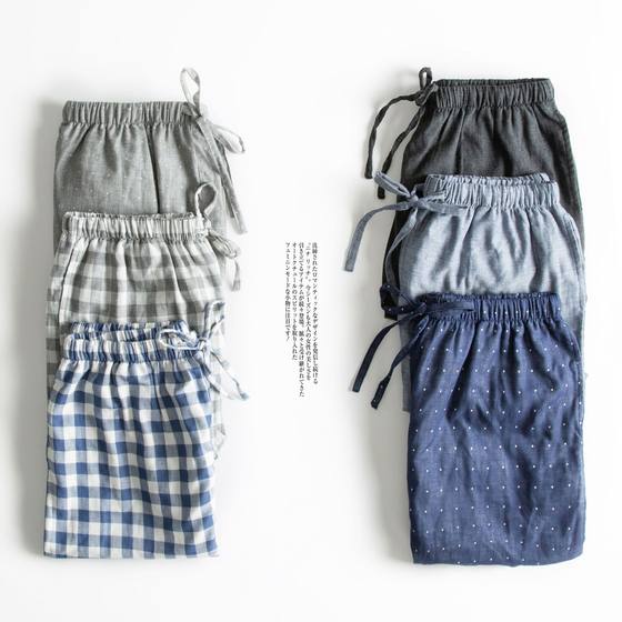 Shangsha Superior Products-Summer Cotton Gauze Pajama Pants Men's Short Muyin Japanese Plaid Beach Pants Large Size Wholesale