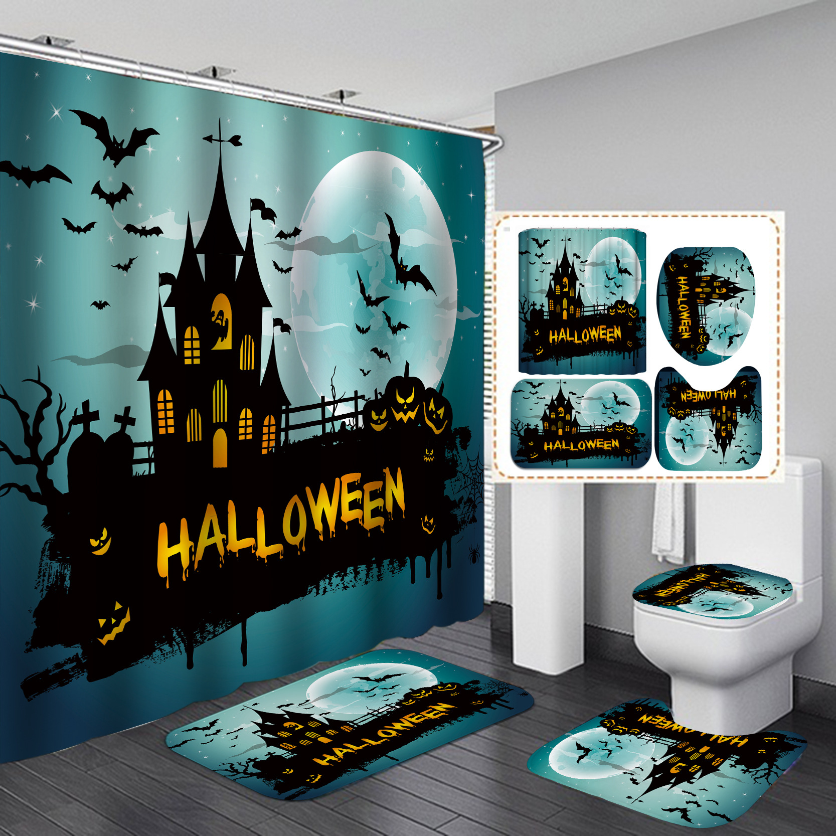 Transfronteriza caliente Impresión digital impermeable poliéster Halloween baño partición ducha cortina fábrica suministro directo Cortina de ducha al por mayor