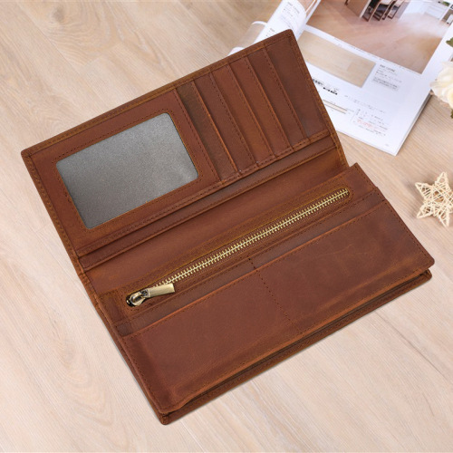 Retro genuine leather men's wallet crazy horse leather two-fold long wallet multi-card slot wallet with coin pocket laser engraving