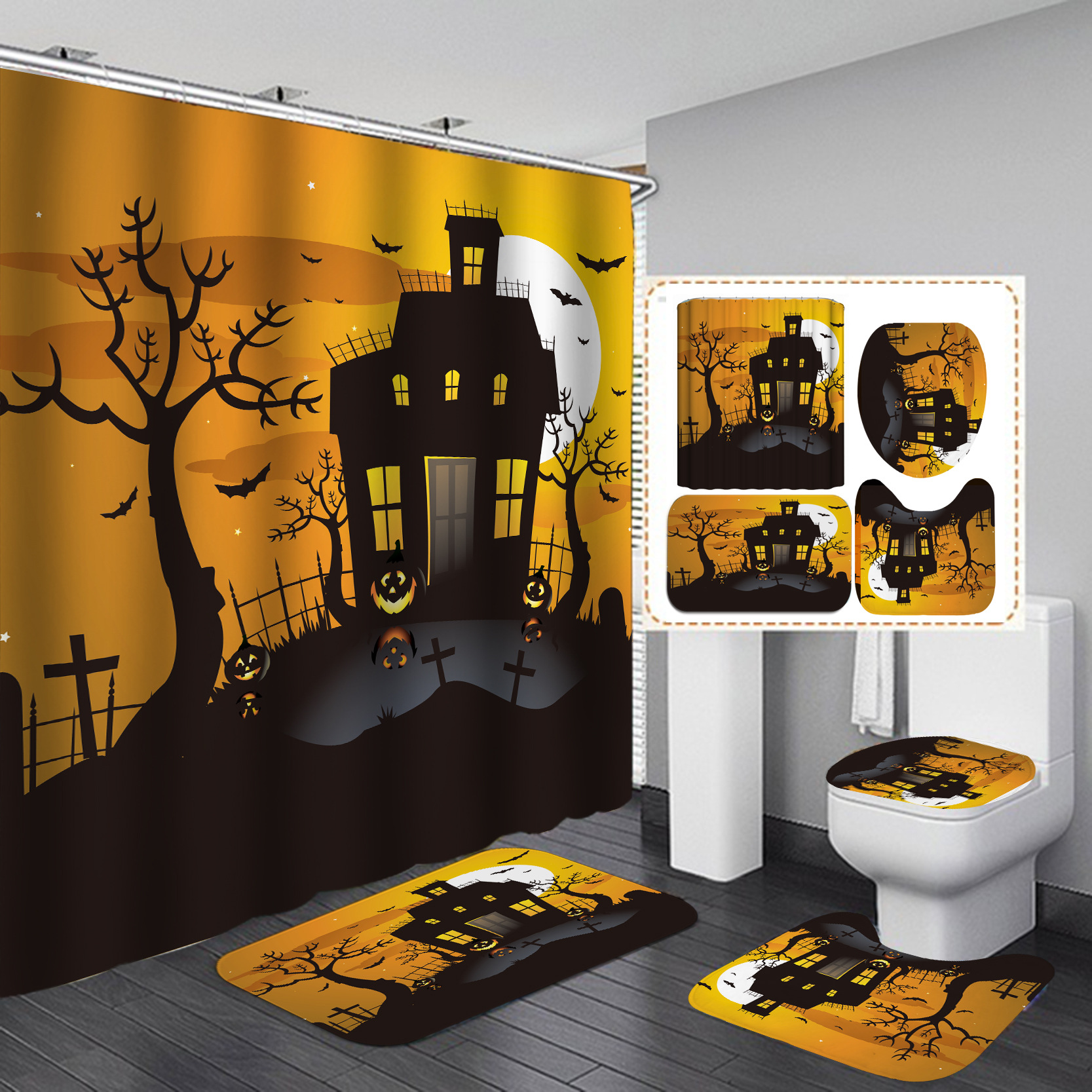 Transfronteriza caliente Impresión digital impermeable poliéster Halloween baño partición ducha cortina fábrica suministro directo Cortina de ducha al por mayor