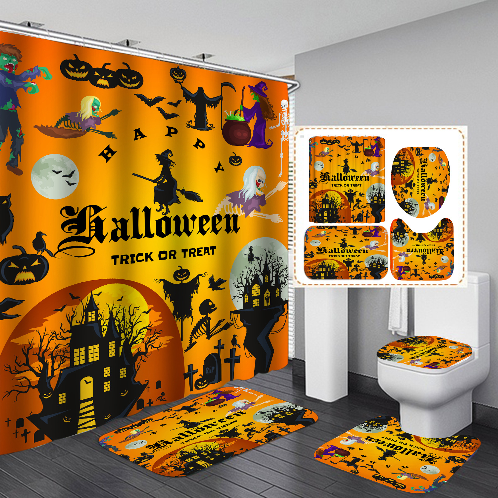 Transfronteriza caliente Impresión digital impermeable poliéster Halloween baño partición ducha cortina fábrica suministro directo Cortina de ducha al por mayor