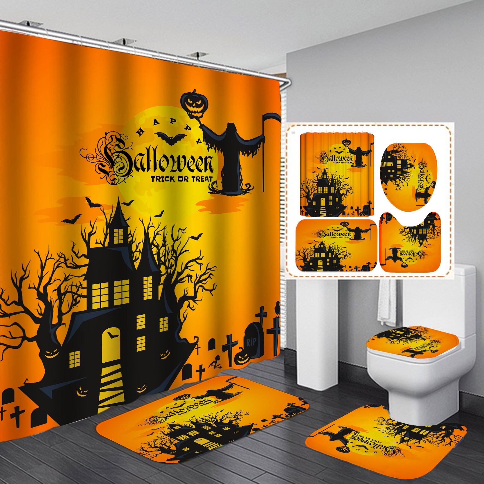 Transfronteriza caliente Impresión digital impermeable poliéster Halloween baño partición ducha cortina fábrica suministro directo Cortina de ducha al por mayor