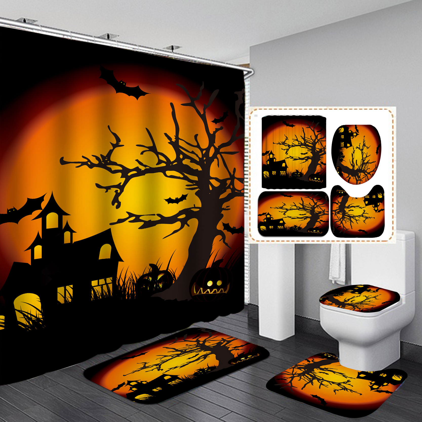 Transfronteriza caliente Impresión digital impermeable poliéster Halloween baño partición ducha cortina fábrica suministro directo Cortina de ducha al por mayor
