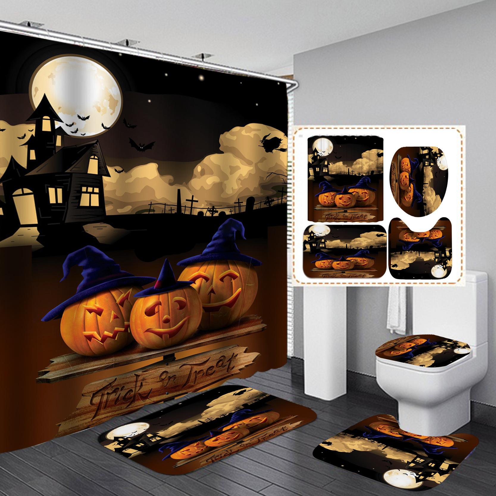 Amazon e-commerce HD Baño de impresión digital Cortina de ducha de Halloween Baño de hotel Cortina de ducha de separación húmeda y seca