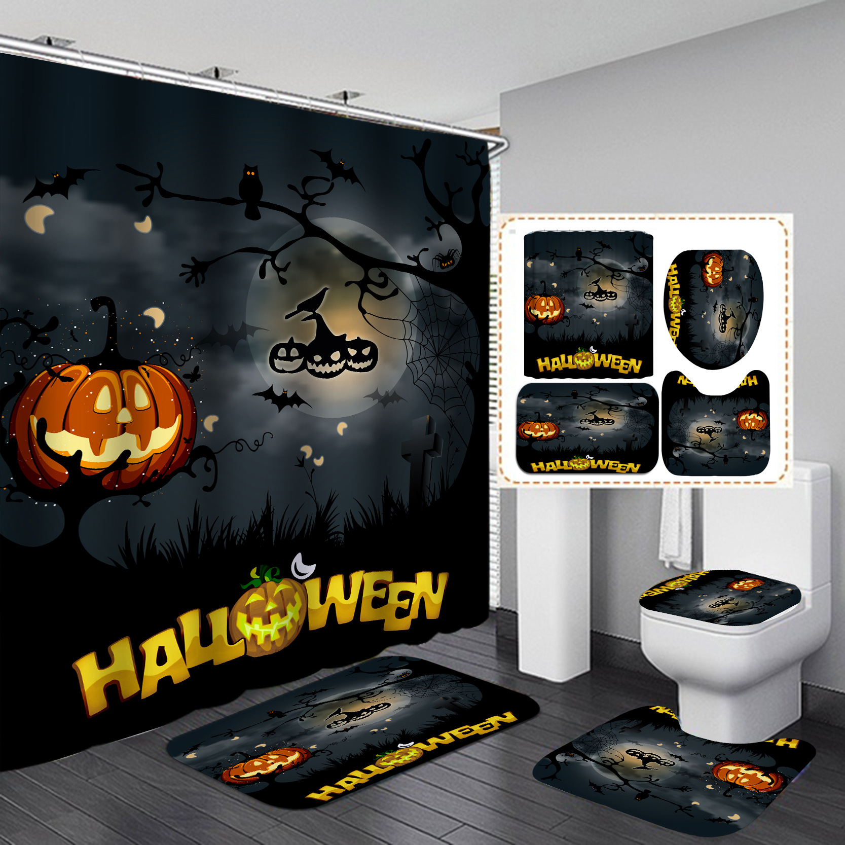 Amazon e-commerce HD Baño de impresión digital Cortina de ducha de Halloween Baño de hotel Cortina de ducha de separación húmeda y seca