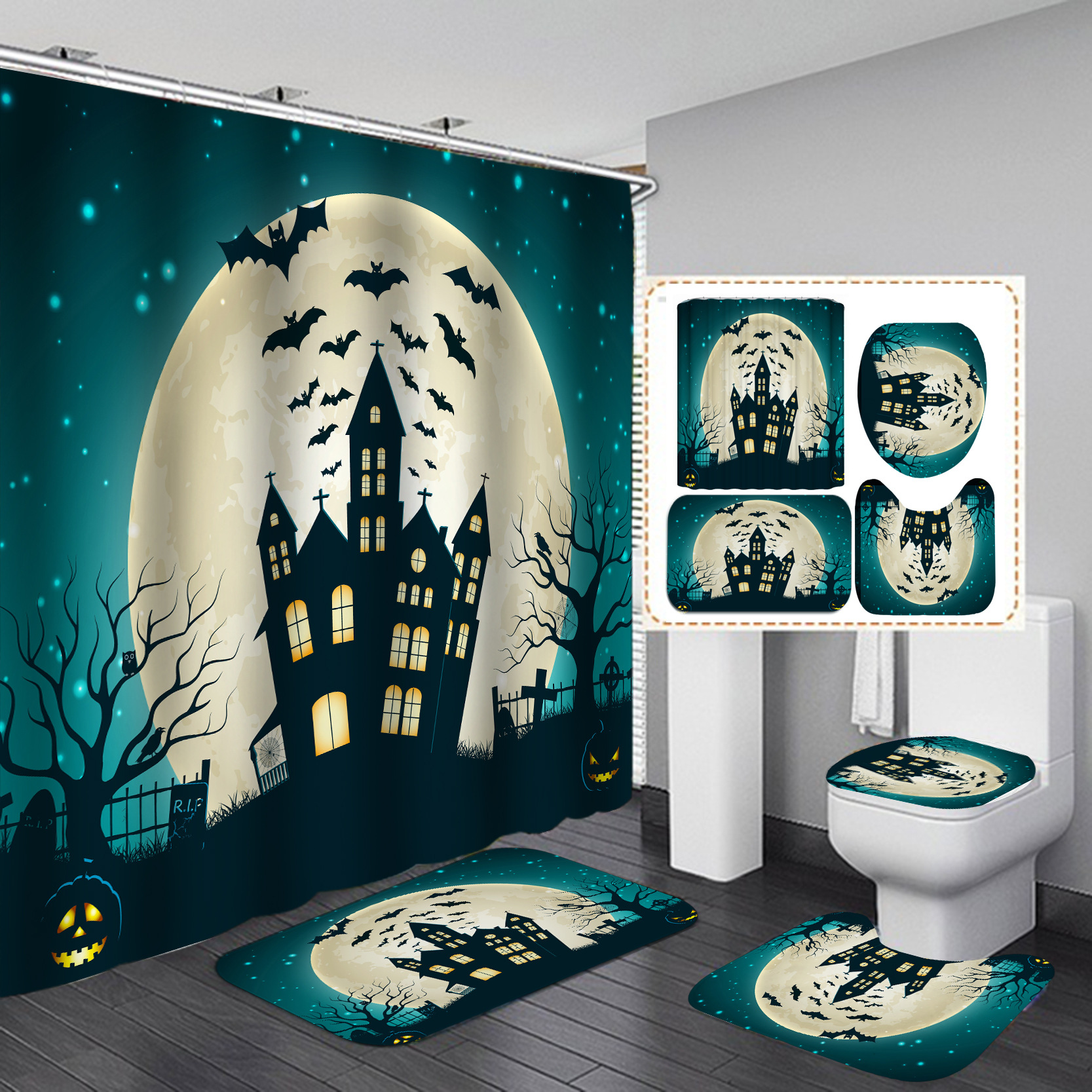 Amazon e-commerce HD Baño de impresión digital Cortina de ducha de Halloween Baño de hotel Cortina de ducha de separación húmeda y seca