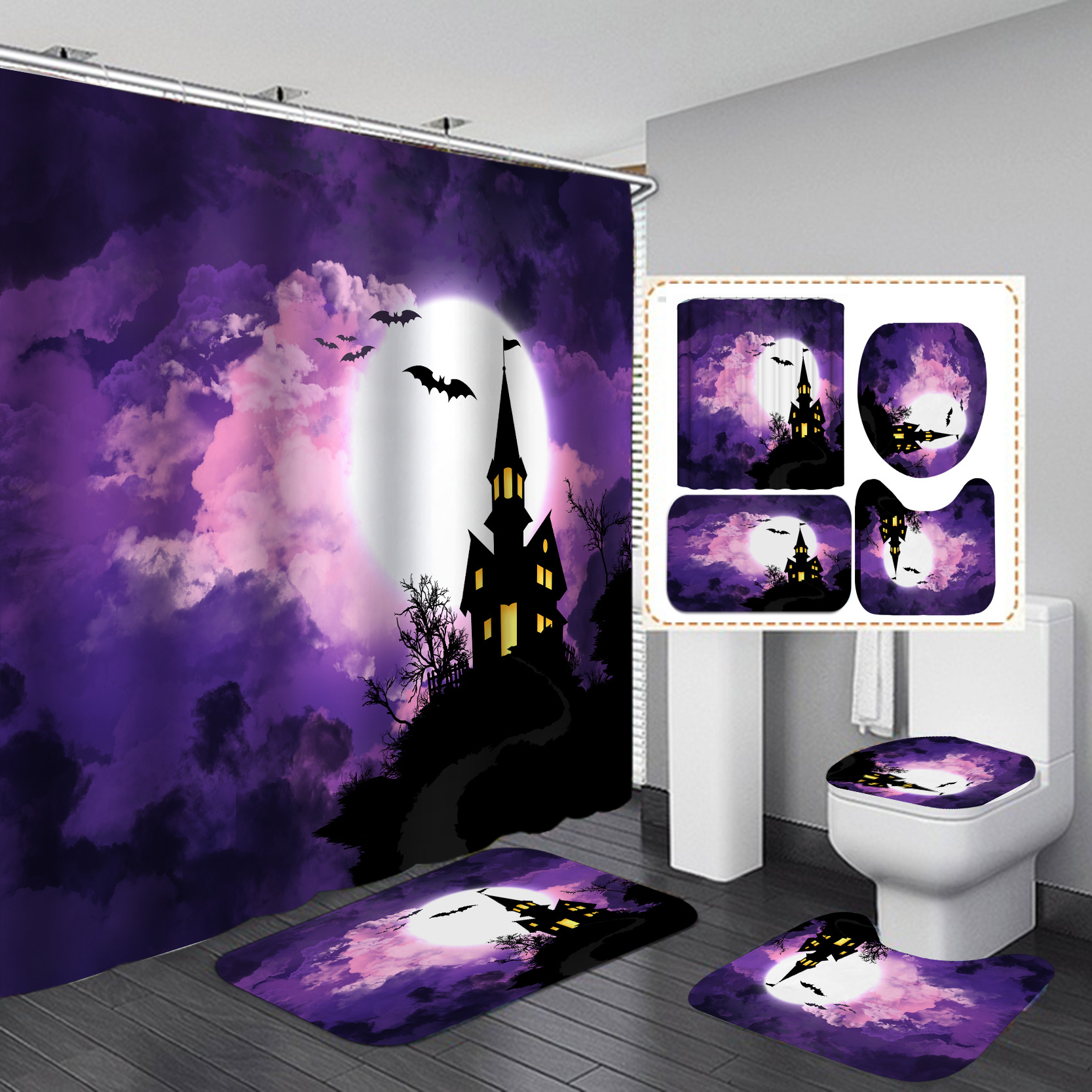 Amazon e-commerce HD Baño de impresión digital Cortina de ducha de Halloween Baño de hotel Cortina de ducha de separación húmeda y seca