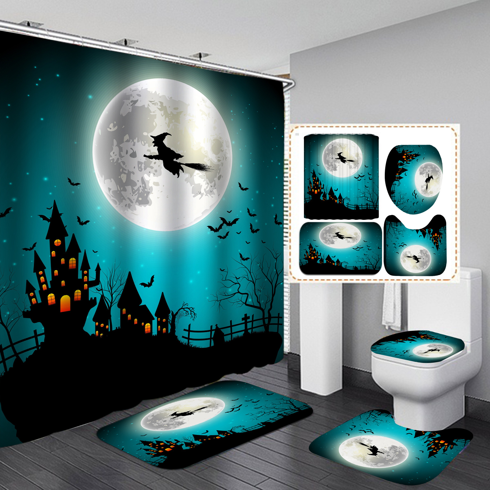Amazon e-commerce HD Baño de impresión digital Cortina de ducha de Halloween Baño de hotel Cortina de ducha de separación húmeda y seca