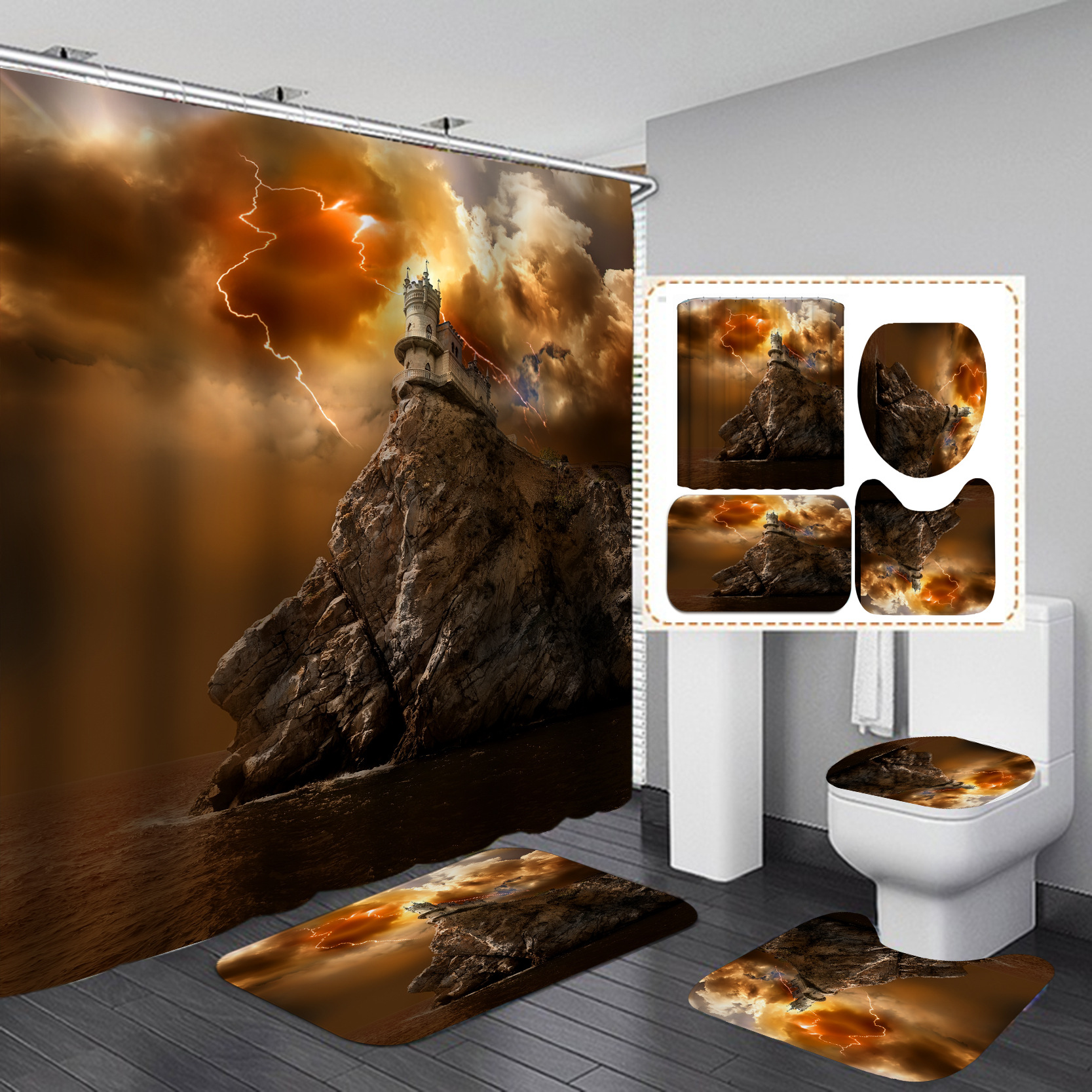Amazon e-commerce HD Baño de impresión digital Cortina de ducha de Halloween Baño de hotel Cortina de ducha de separación húmeda y seca