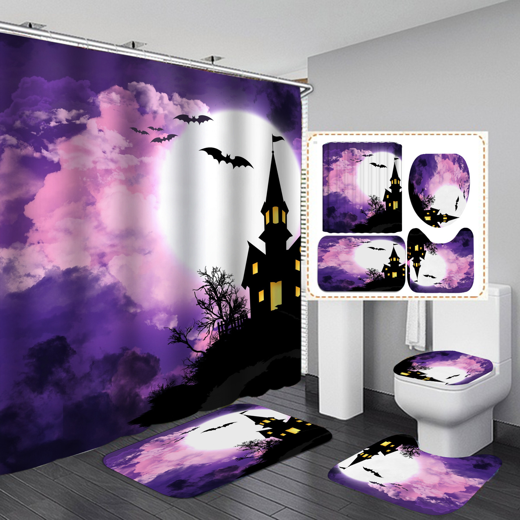 Amazon e-commerce HD Baño de impresión digital Cortina de ducha de Halloween Baño de hotel Cortina de ducha de separación húmeda y seca