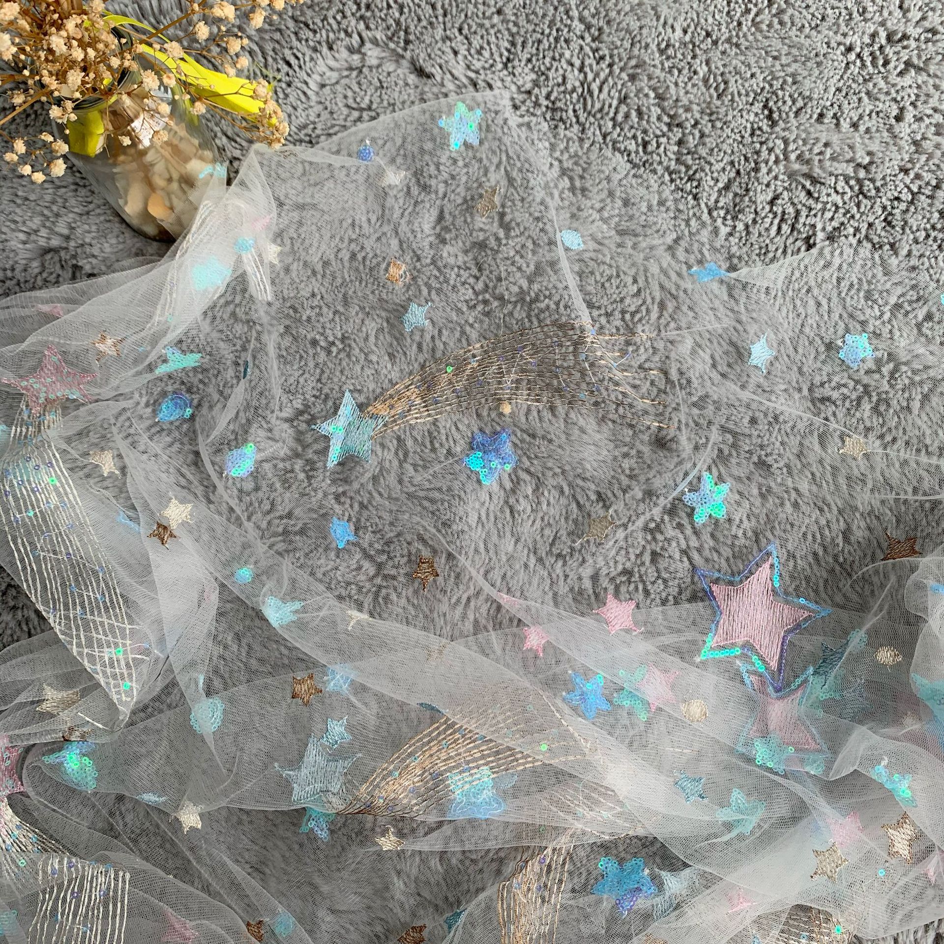 Malla de fábrica estrella de cinco puntas pieza brillante bordada lluvia de meteoros lentejuelas malla Lolita ropa para niños falda de mujer tela