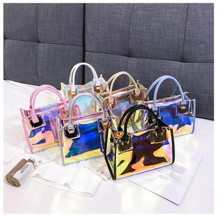 Laser bag 2023 New Fashion shoulder slung small square bag ins Korean version of summer transparent Women's bag a generation of hair