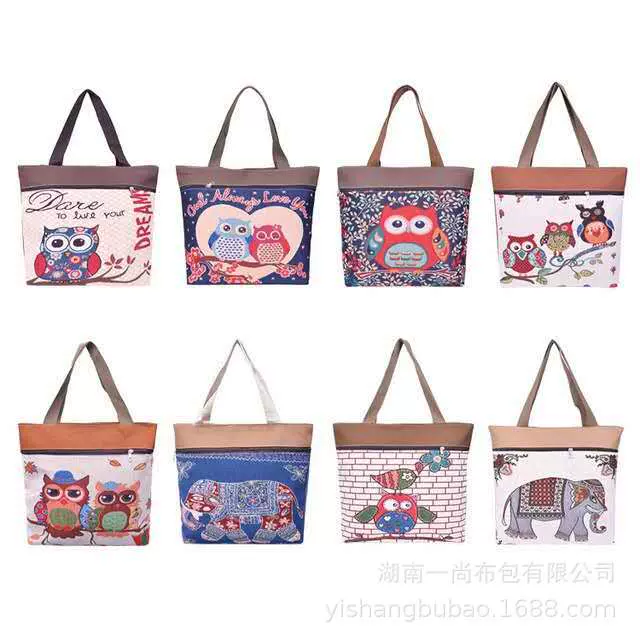 2020新款猫头鹰女包包单肩包地摊包包亚麻包提花单肩包女厂家直发