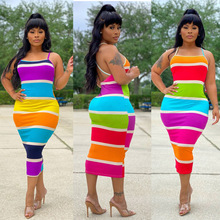 YS219跨境热卖吊带欧美女装性感坑条布印花彩色条纹连衣裙拼色裙