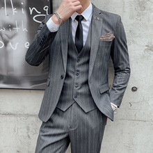 2020男士条纹套装西服三件套韩版青年修身大码结婚礼服宴会正装