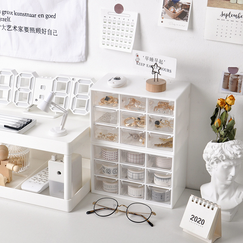 Cajón transparente personalizado JiugongGe estudiantes cosméticos accesorios estantes cinta pequeña caja de almacenamiento almacenamiento