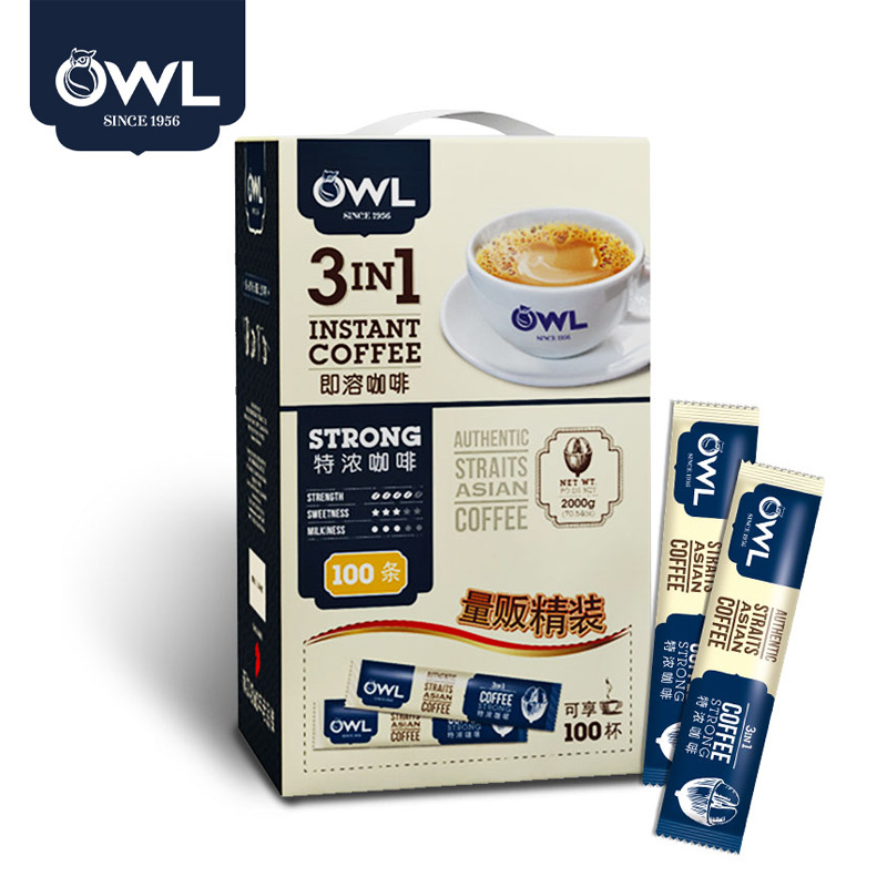 马来西亚原装进口owl猫头鹰特浓三合一速溶咖啡粉100条装即溶咖啡