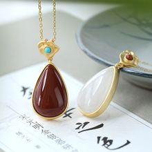荟宝丽S925纯银镀金南红玛瑙和田玉水滴复古简朴女吊坠套链