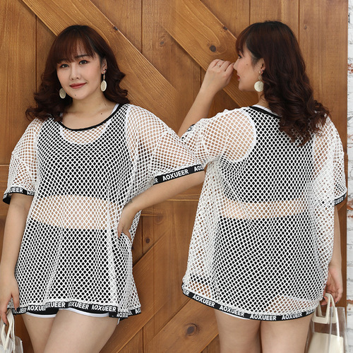 Plus size swimsuit for fat mm women's split three-piece mesh blouse, loose and slimming, belly-covering hot spring swimwear manufacturer wholesale