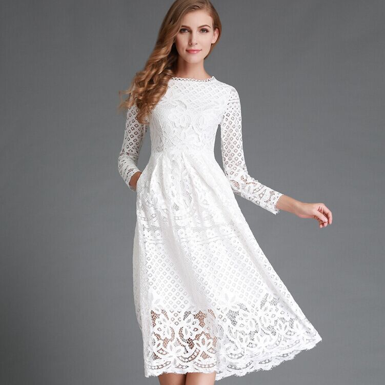 2025 New European and American Export Autum Women's Clothing Amazon White Dress Round Neck Lace Long-Sleeved Slim Mid-Length Skirt 2025 New European and American Export Autum Women's Clothing Amazon White Dress Round Neck Lace Long-Sleeved Slim Mid-Length Skirt