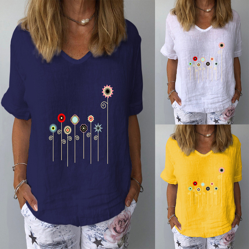 Amazon AliExpress Independent Station European and American Short-sleeved Cotton Linen Loose Casual All-match Floral Print Top