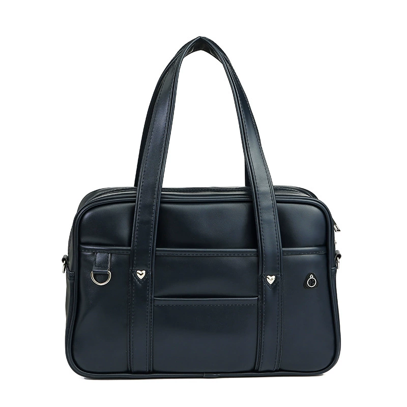 One‑shoulder Japanese school handbag, polyurethane, compact rectangular design, decorative metal accents