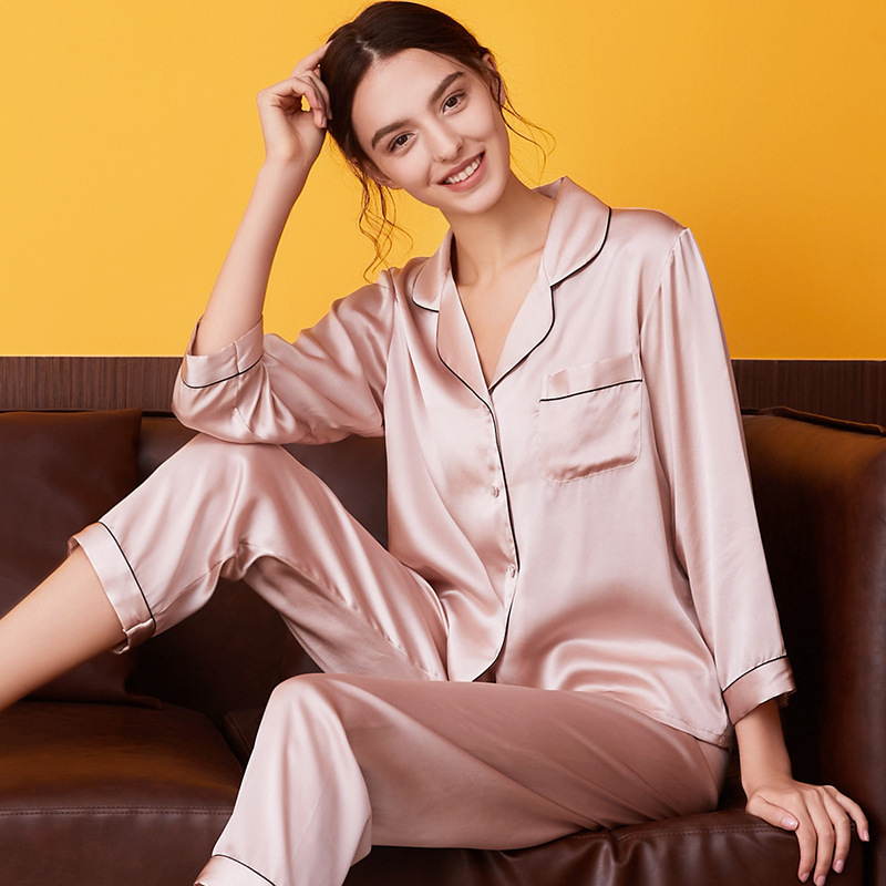 Wholesale Silk Pajamas Women's Summer Long Sleeve Two-Piece Set 100% Mulberry Silk Couples Home Clothes Silk Women Suit Autumn Wholesale Silk Pajamas Women's Summer Long Sleeve Two-Piece Set 100% Mulberry Silk Couples Home Clothes Silk Women Suit Autumn