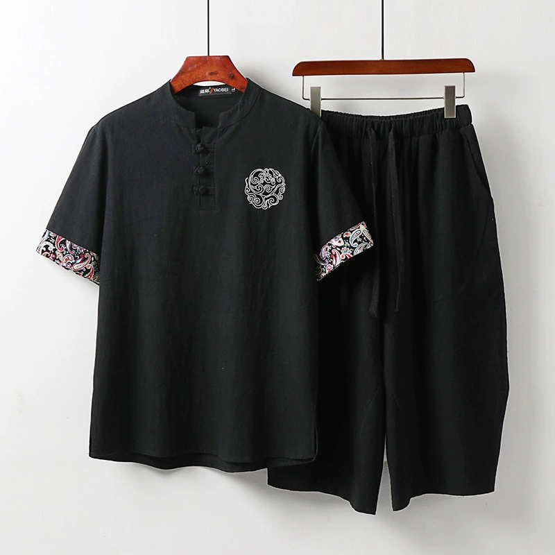 Летний новый мужской свободный повседневный костюм из хлопка и льна большого размера в корейском стиле, спортивный комплект из двух предметов, модный тонкий комплект для мужчин