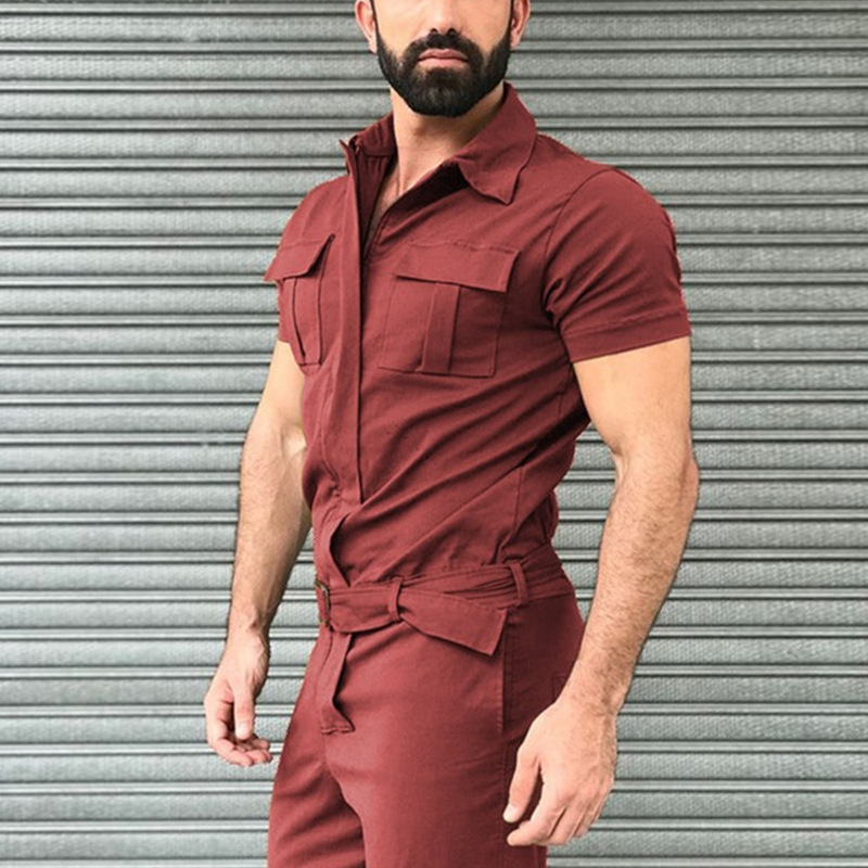 2026 Cross-Border Men's Workwear Jumpsuit Casual Jumpsuit Set Amazon European and American Style Belted Jumpsuit Short Sleeve