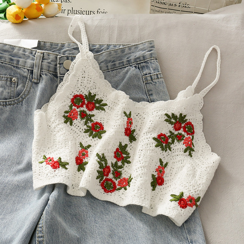 Retro crochet lace embroidery spaghetti strap top, slimming student camisole, can be worn outside, vacation beach camisole.