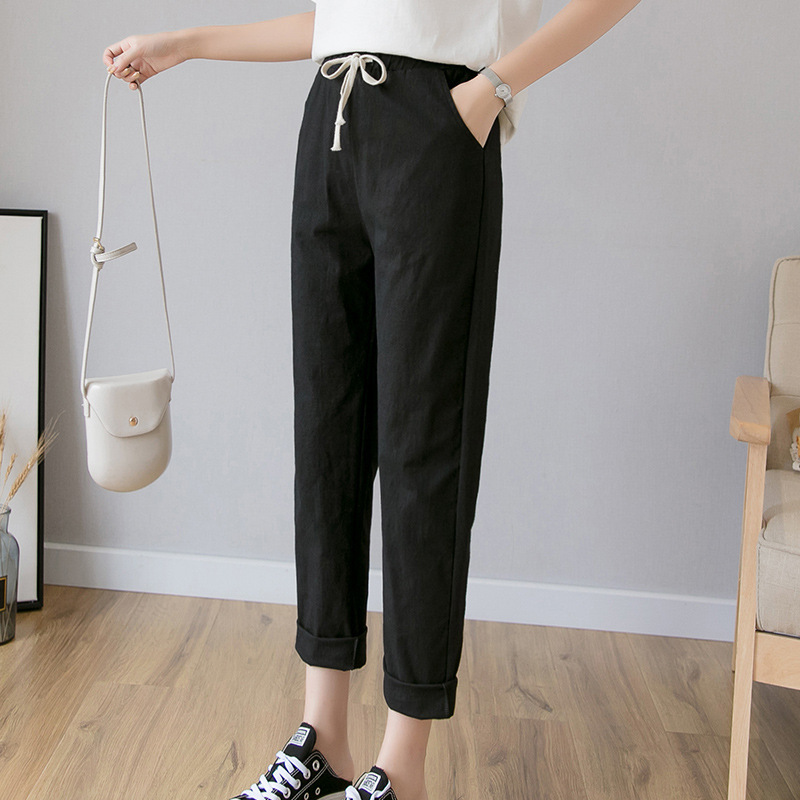 Spring and Summer New Cotton Large Size Women's Pants Ankle-length Pants Solid Color Hallen Pants Cotton and Linen Pants Radish Pants Loose Casual Pants