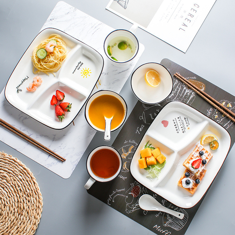 European Creative Ceramic Square Plate with Design Logo Fast Food Plate Home Weight Loss Serving Plate Cup and Bowl Set