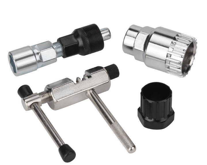 Kit de herramientas para reparación de bicicletas de montaña, incluye extractor de volante, trampa de cadena y desmontador de eje central.