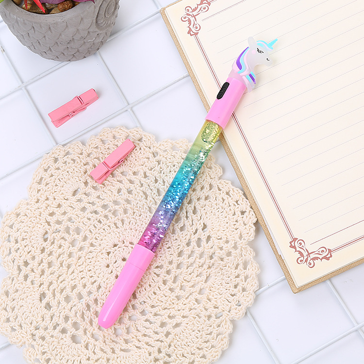 Pluma de gel de arena movediza de hadas unicornio con luz creativa luminosa aceite arena movediza pluma de agua lindo estudiante papelería