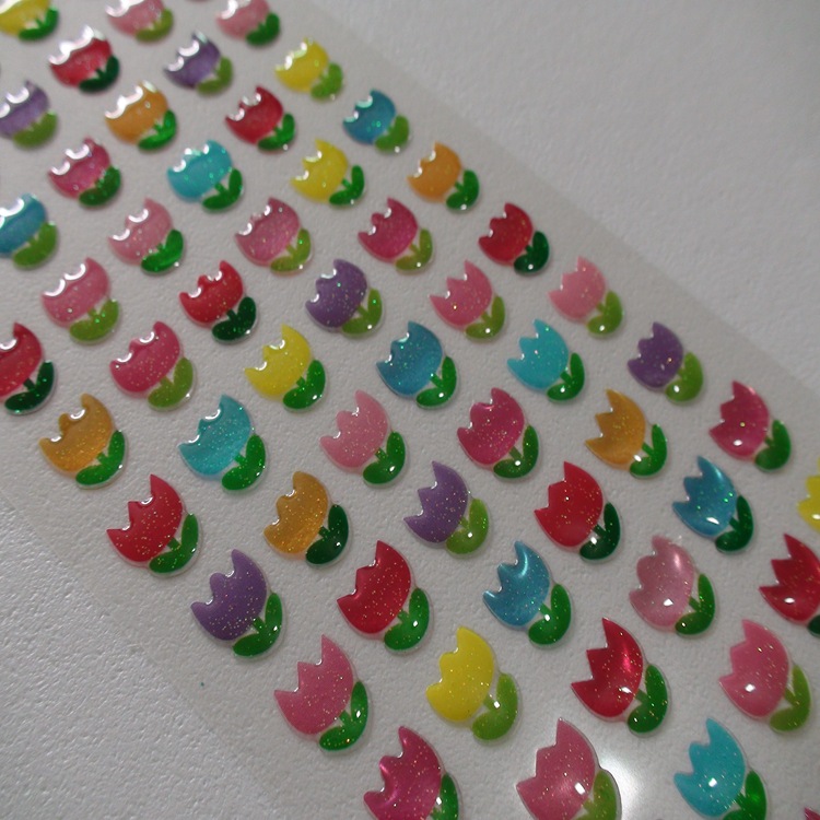 厂家生产滴塑葱粉透明卡通郁金香花朵不干胶标签