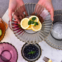 法蘭晶北歐創意花邊金邊玻璃碗盤餐具  家用沙拉碗甜品糖果點心盤