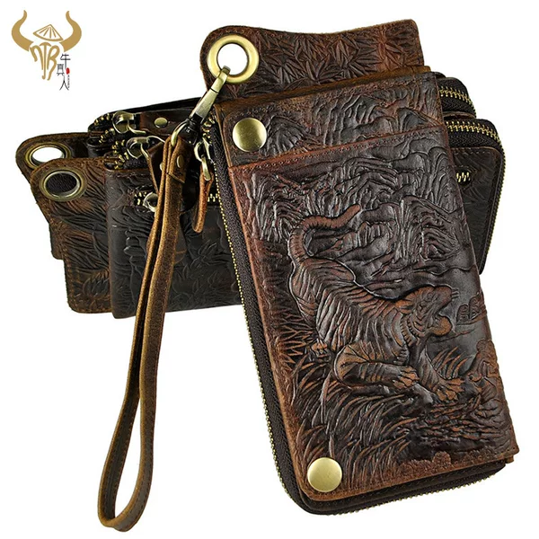 First Layer Crazy Horse Leather Men's Retro Multi-Card Slot Polished Retro Bracelet Long Zipper Wallet Wallet K001-1