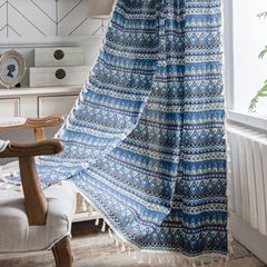 Geometric Print Bohemian Blue Small Window Kitchen Curtain Cotton Linen Semi-Darkening Bay Window Single Piece