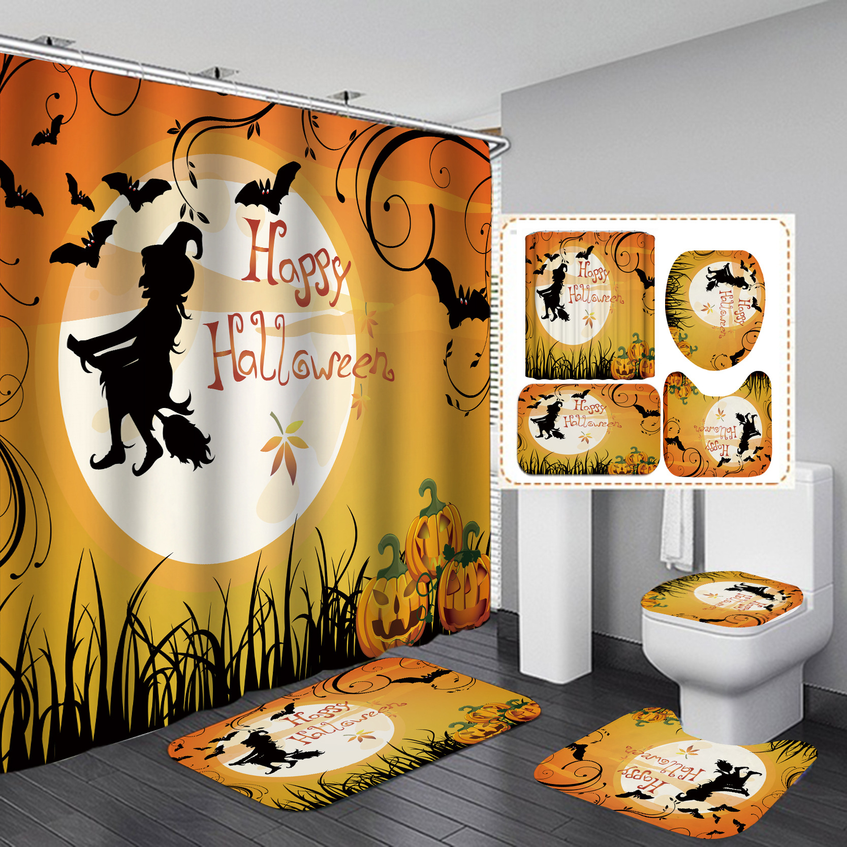 Transfronteriza caliente Impresión digital impermeable poliéster Halloween baño partición ducha cortina fábrica suministro directo Cortina de ducha al por mayor