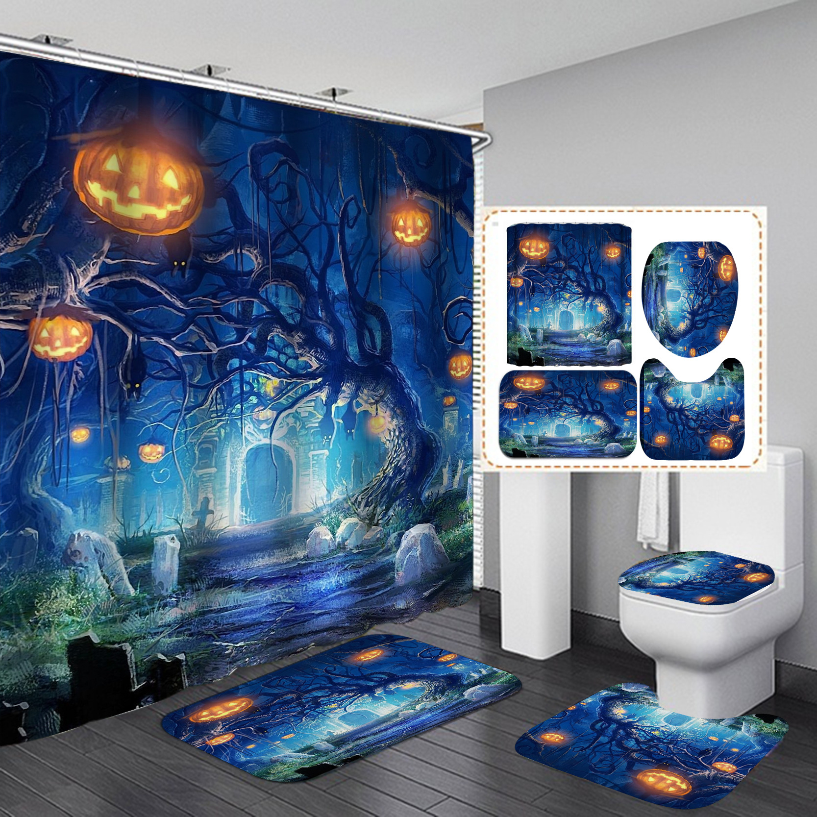 Transfronteriza caliente Impresión digital impermeable poliéster Halloween baño partición ducha cortina fábrica suministro directo Cortina de ducha al por mayor
