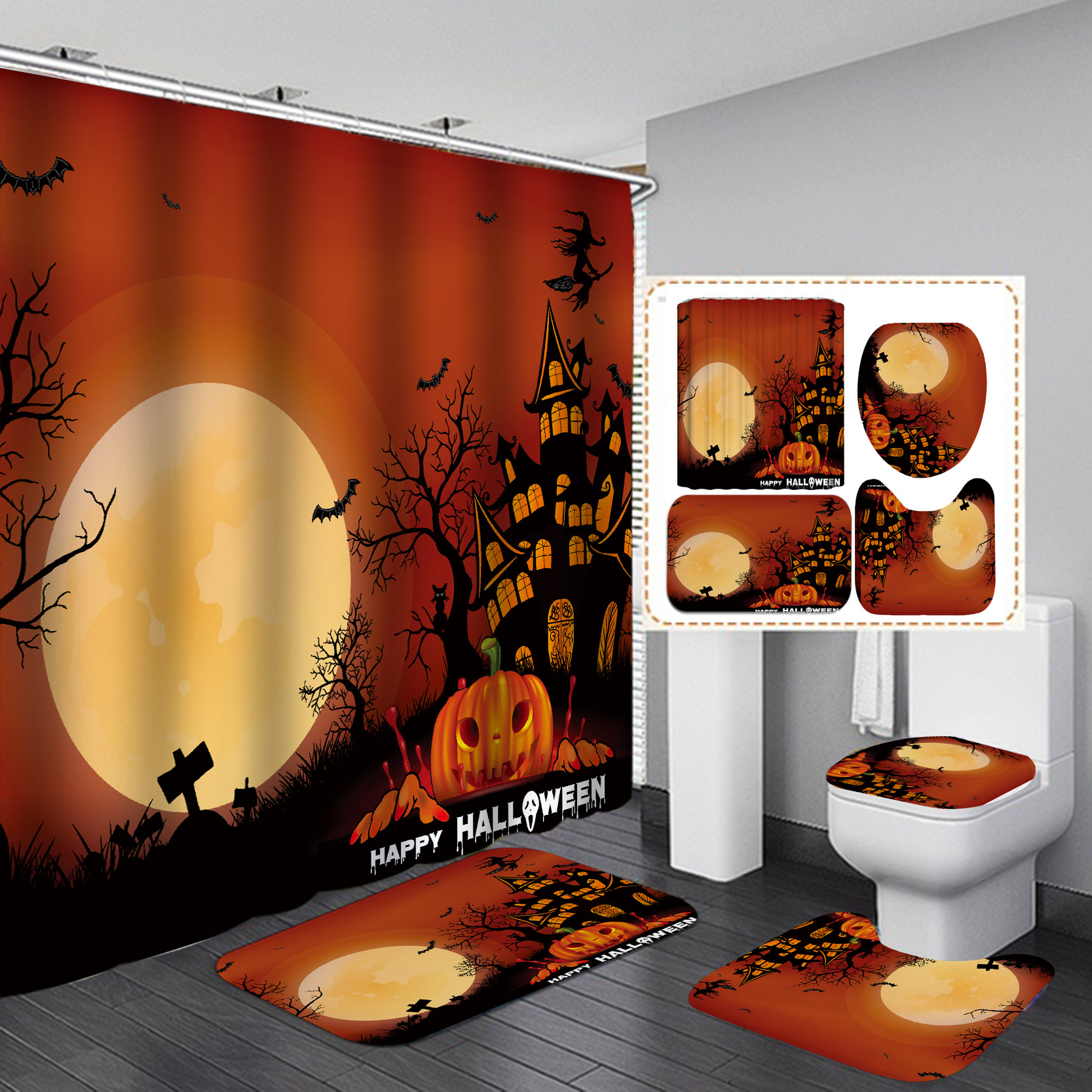 Transfronteriza caliente Impresión digital impermeable poliéster Halloween baño partición ducha cortina fábrica suministro directo Cortina de ducha al por mayor