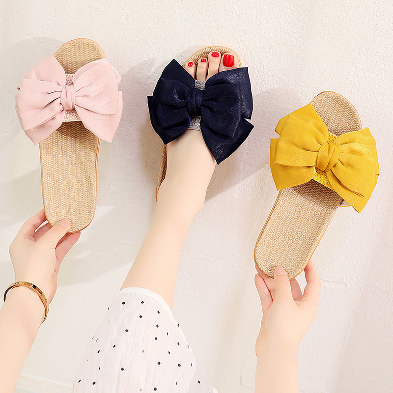Home Slippers Summer New Breathable Indoor Fabric Linen Slippers Cute Big Bow Sandals for Women Home Slippers Summer New Breathable Indoor Fabric Linen Slippers Cute Big Bow Sandals for Women