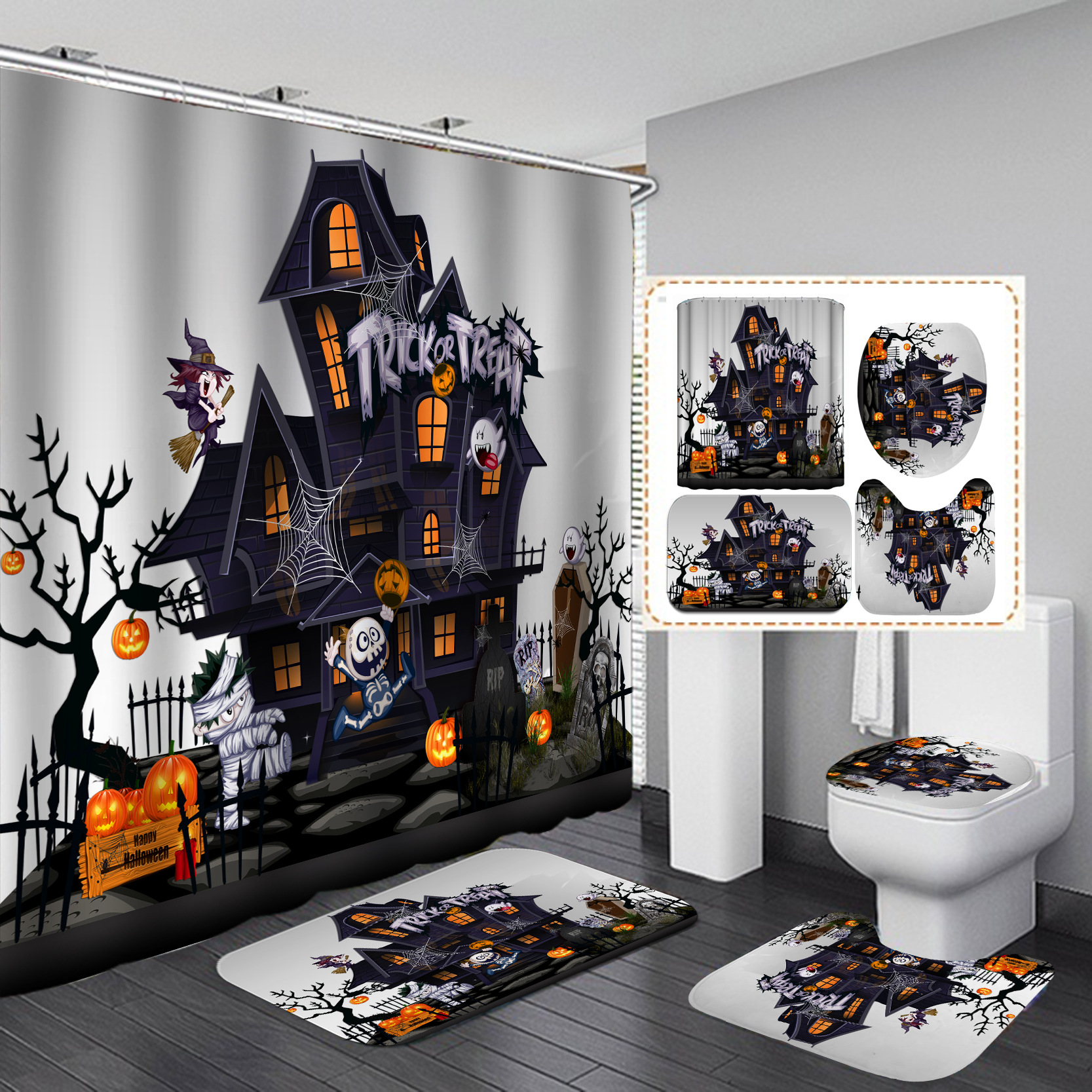 Amazon e-commerce HD Baño de impresión digital Cortina de ducha de Halloween Baño de hotel Cortina de ducha de separación húmeda y seca