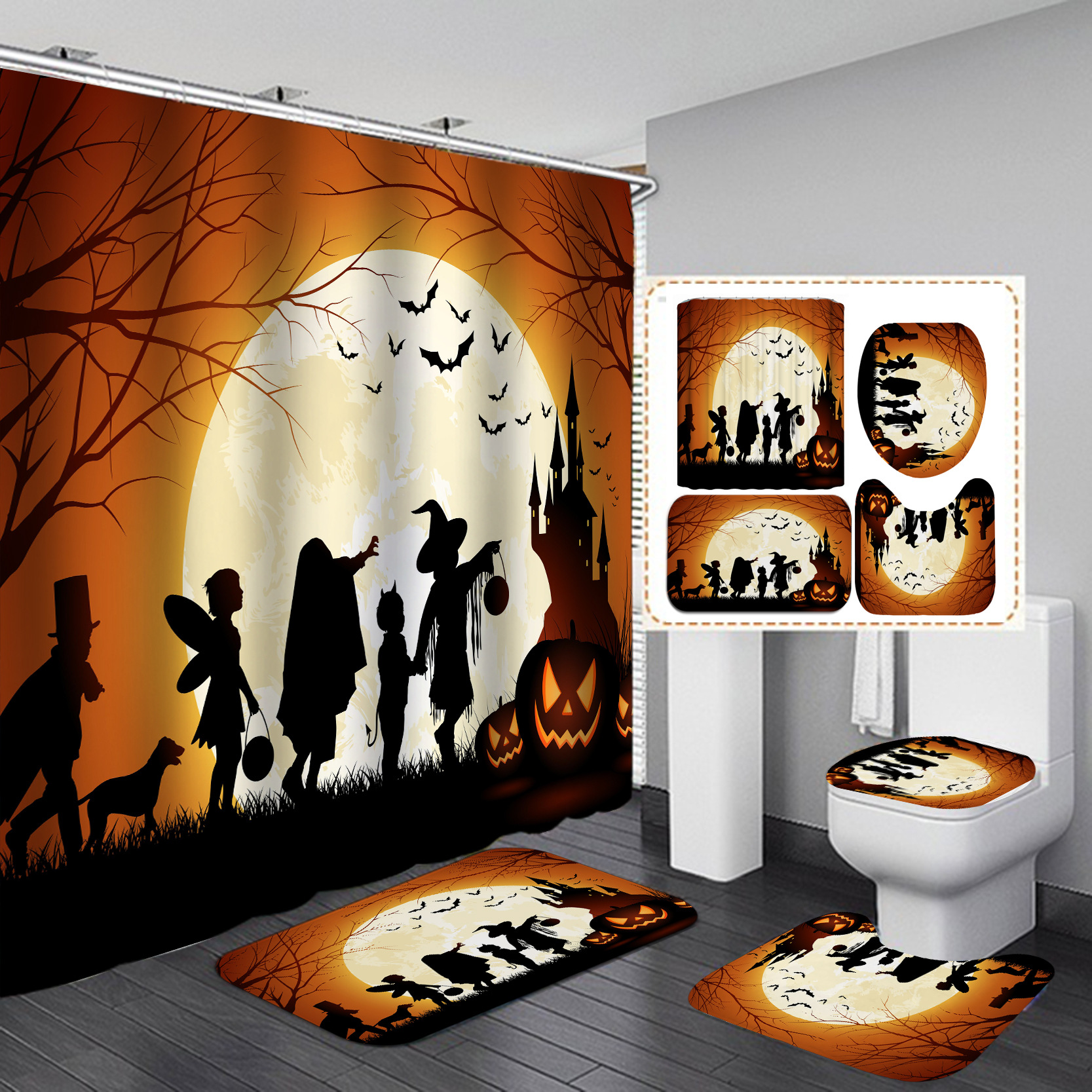 Amazon e-commerce HD Baño de impresión digital Cortina de ducha de Halloween Baño de hotel Cortina de ducha de separación húmeda y seca